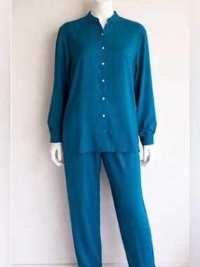 Silk House 100% Silk 2 Pc Pants Button Top Set Suit Teal Blue M
